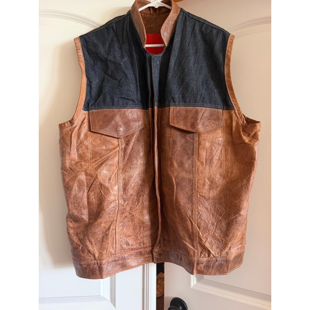 Grifter USA Made Brown Leather Denim Biker Vest XXL Orange Lining Mens $365 MSRP